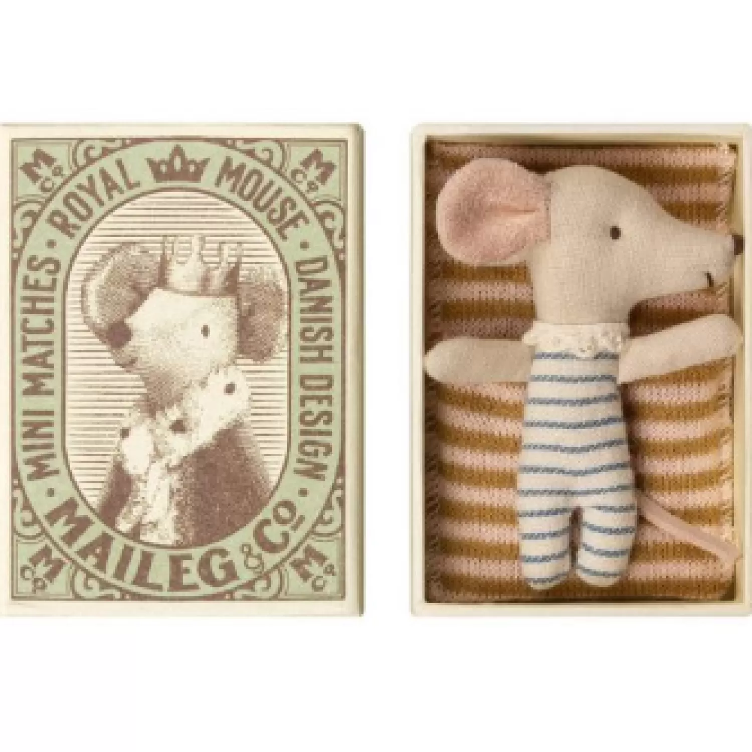 Maileg Blue And White Striped Sleepy And Wakey Mouse In Matchbox Toy Flash Sale
