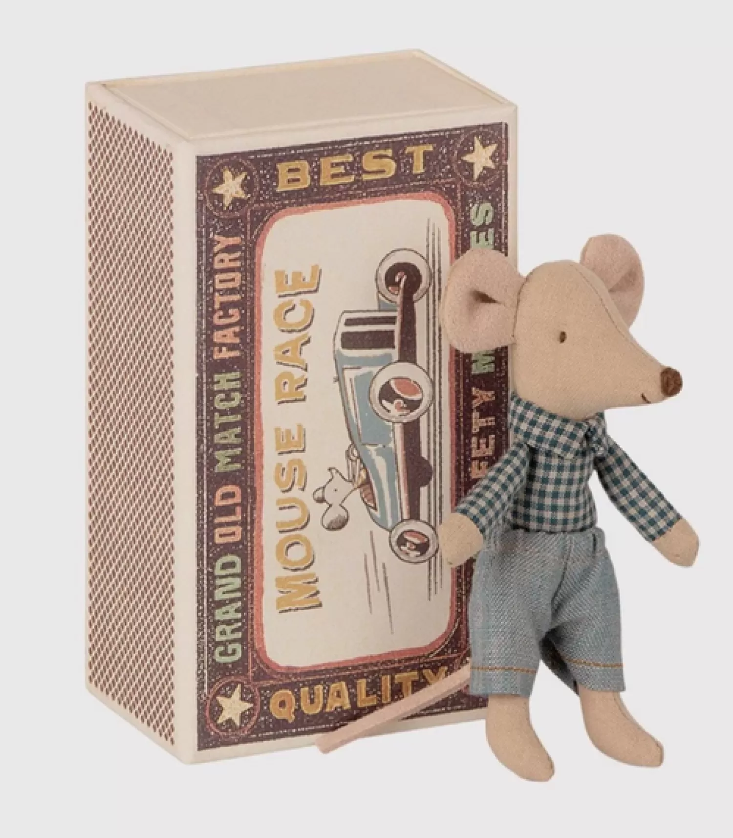 Maileg Blue Check Shirt And Blue Shorts Little Brother Mouse In A Matchbox Hot