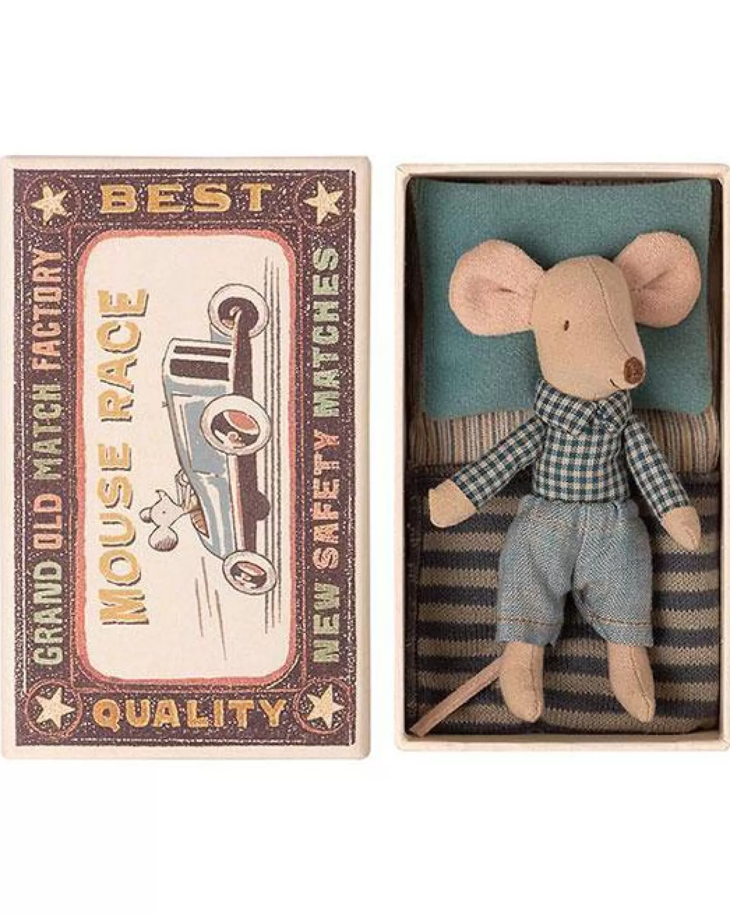 Maileg Little Brother Mouse In Box – Blue Check Shirt Fashion