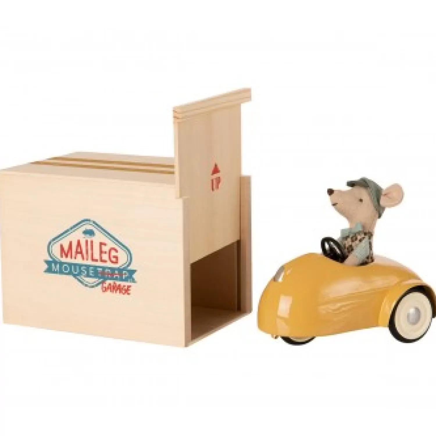 Maileg Mouse With Yellow Car And Garage. New